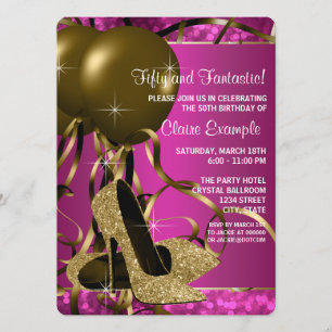 Invitación Alta tacón Mujeres Hot Pink and Gold Birday Party 