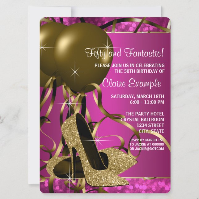 Invitación Alta tacón Mujeres Hot Pink and Gold Birday Party  (Anverso)