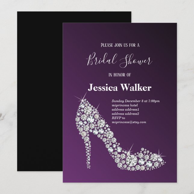 Invitación alta talla de diamante elegante ducha de novia púr (Anverso / Reverso)