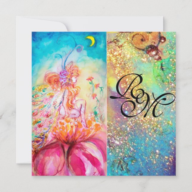 Invitación ALTHEA, monograma rosa azul amarillo verde destell (Anverso)