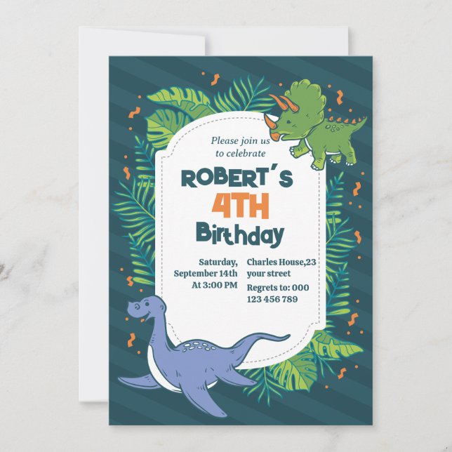 Invitación ¡Alzar en la diversión! Cumpleaños de los dinosaur (Anverso)