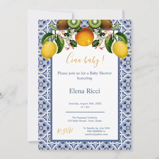 Invitación Amalfi blanco y azul Lemons Italia Baby Shower (Anverso)