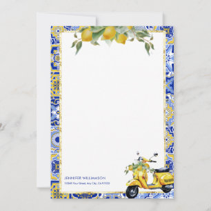 Invitación Amalfi Blue Tile Italiano Scooter Lemons Notecard