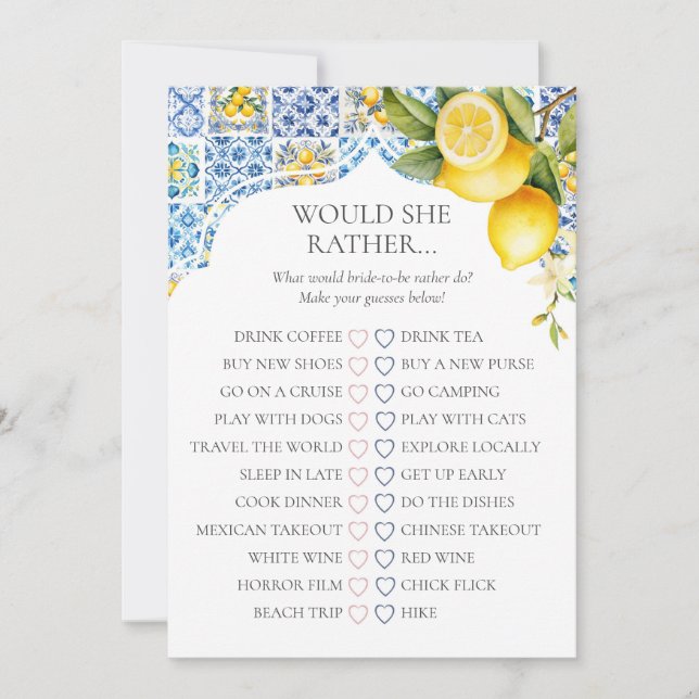 Invitación Amalfi Coast Bridal Shower Would She Rather Game (Anverso)