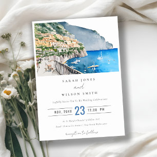 Invitación Amalfi Coast Italy Watercolor Landscape Wedding