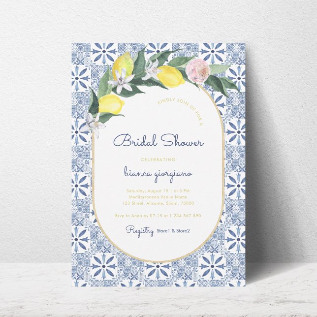 Invitación Amalfi Coast Lemon Floral Blue Tile Bridal (Subido por el creador)