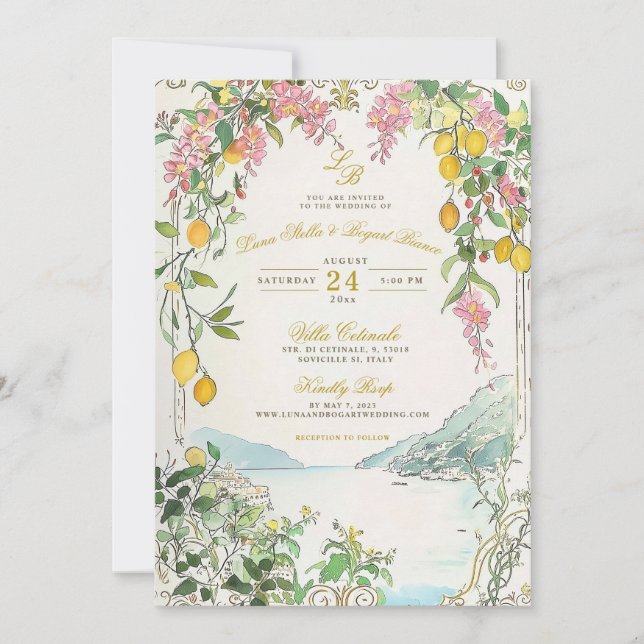 Invitación Amalfi Coast Wedding Invitation Custom Lemon Beach (Anverso)