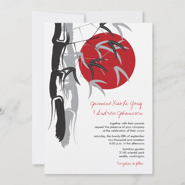 Invitación Amanecer Oriental Jardín Zen de Bambú Boda Asiátic (Anverso)