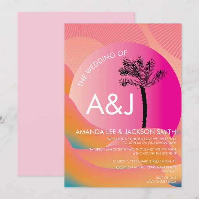 Invitación Amanecer Tropical Rosa Naranja Blanco Boda (Anverso / Reverso)