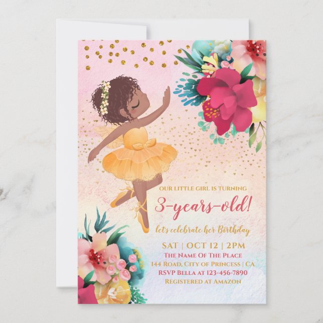 Invitación Amante Ballerina Flores Rosa Chica Cumpleaños (Anverso)