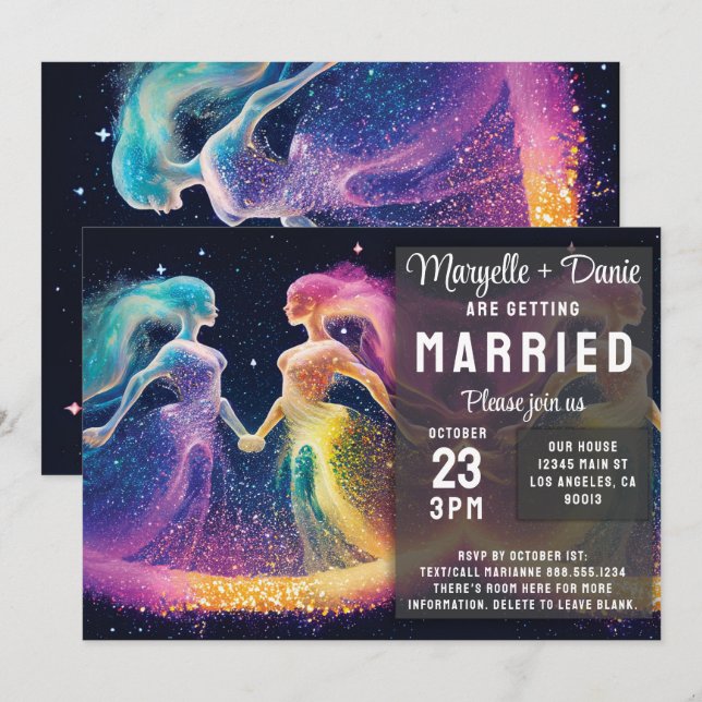 Invitación Amantes del arco iris cósmico LGBTQIA Boda lesbian (Anverso / Reverso)