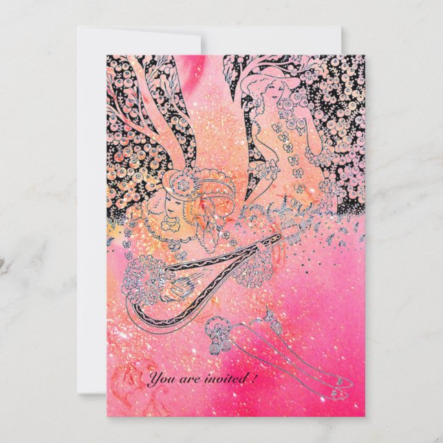 INVITACIÓN AMANTES ROMÁNTICOS, ROMANCE EN DESTELLOS DE FUCIA  (Anverso)