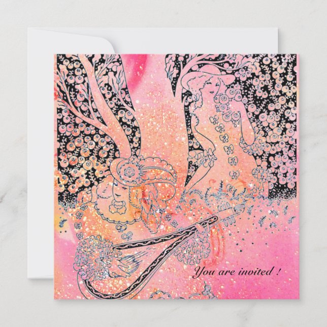 INVITACIÓN AMANTES ROMÁNTICOS,ROMANCE EN DESTELLOS DE FUCIA R (Anverso)