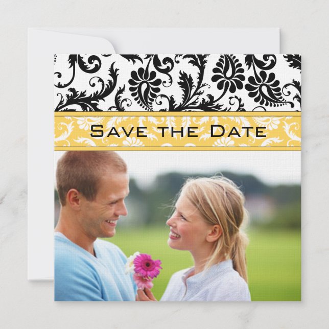 Invitación Amapola Amarillo y Negro Damask Save the Date (Anverso)