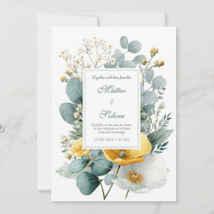 Invitación Amapola Elegante Amarilla Blanca Eucalipto Acuarel