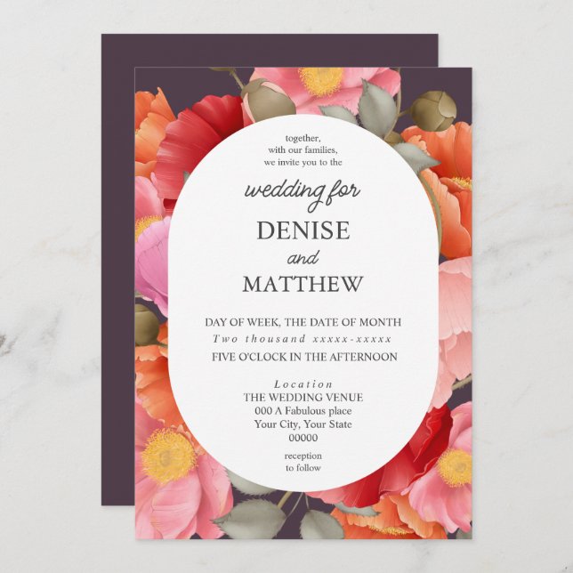 Invitación Amapola en acuarela sobre ciruela de medianoche (Anverso / Reverso)