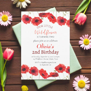 Invitación Amapolas 2º Segunda Cumpleaños Niña Floral Rojo