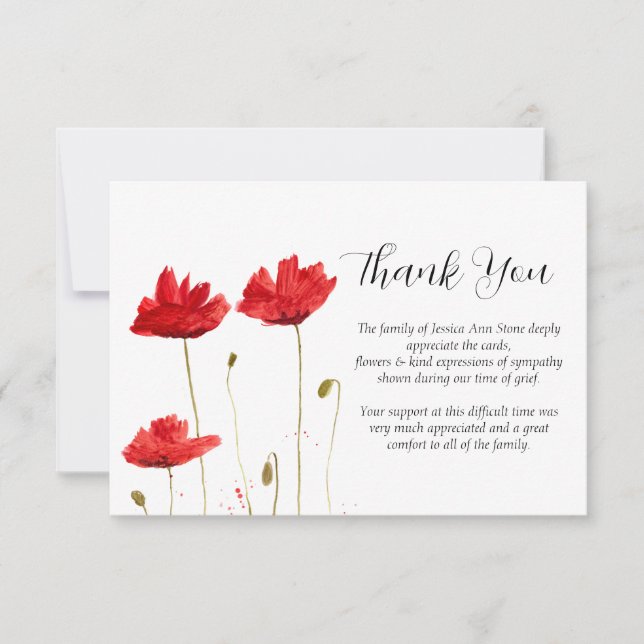 Invitación Amapolas de simpatía flores rojas Funeral agradeci (Anverso)