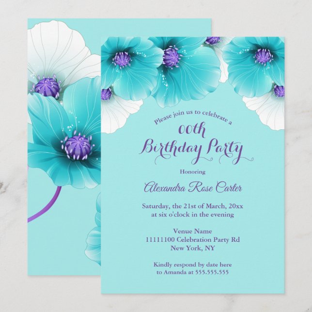 Invitación Amapolas florales de cumpleaños azul verde azul pú (Anverso / Reverso)