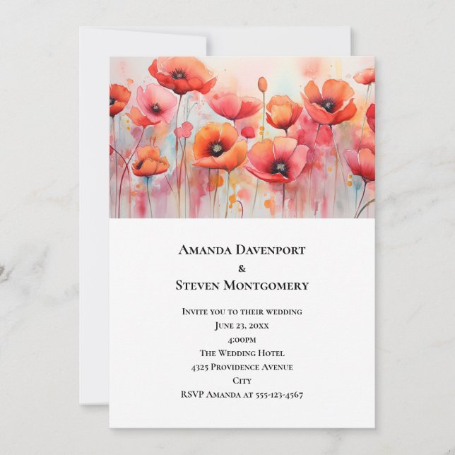 Invitación Amapolas Rojas en un Campo de Acuarela de Boda (Anverso)