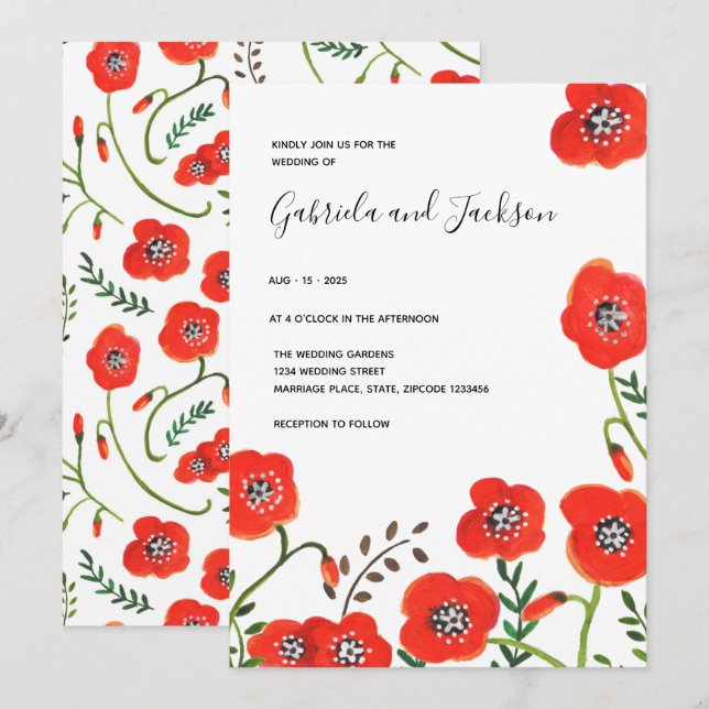 Invitación Amapolas rojas florales boda moderna (Anverso / Reverso)