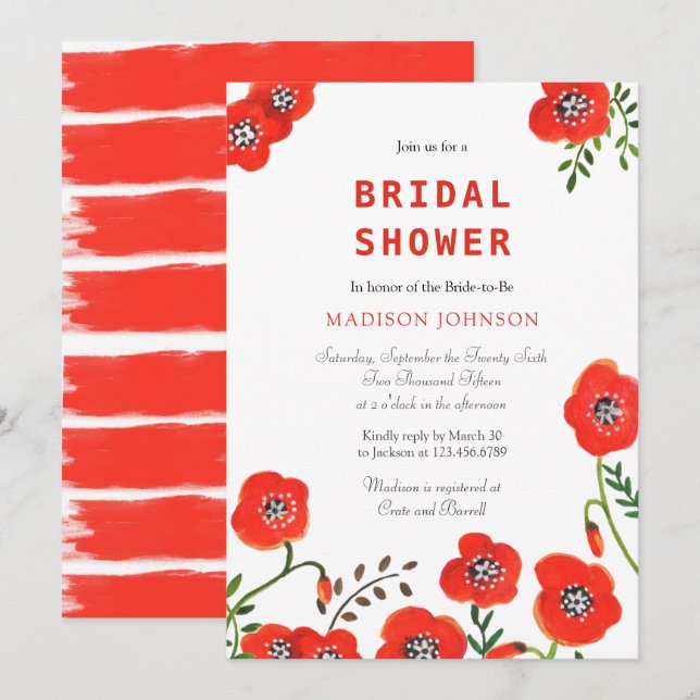 Invitación amapolas rojas florales para una ducha de novia de (Anverso / Reverso)