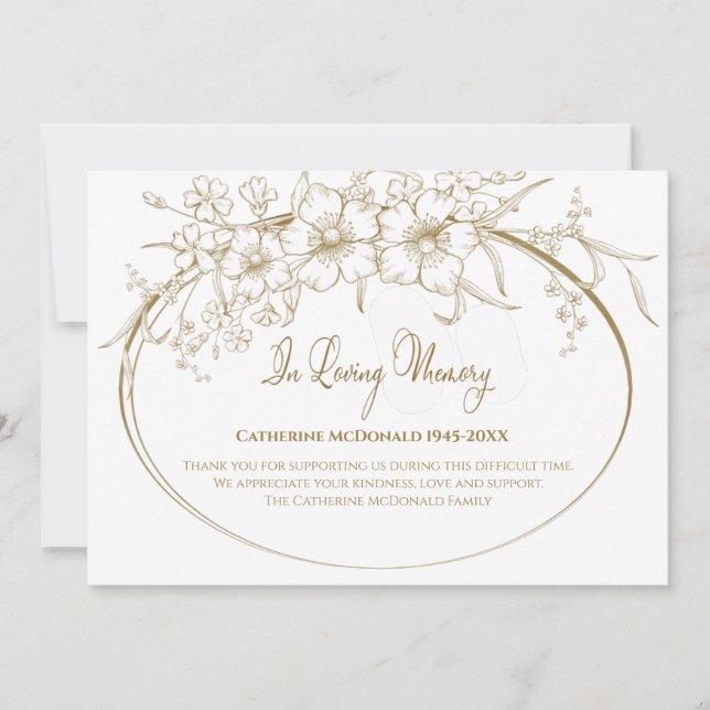 Invitación Amar la Memoria Elegante Oro Floral Gracias (Anverso)