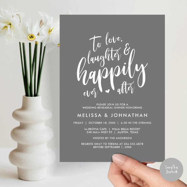 Invitación Amar la risa y la felicidad de siempre después (To Love Laughter and Happily Ever After, Wedding Rehearsal Dinner Invitation Card, PDF, Dark Grey)
