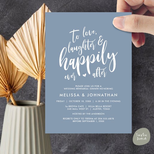 Invitación Amar la risa y la felicidad de siempre después (To Love Laughter and Happily Ever After, Wedding Rehearsal Dinner Invitation Card, PDF, Dusty Blue)