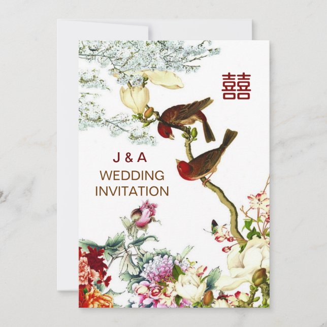 Invitación Amar las aves florecientes y las flores Bodas chin (Anverso)
