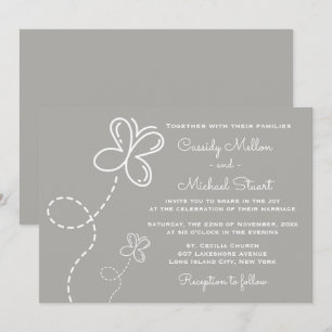 Invitación Amar los corazones y mariposas grises y Bodas blan