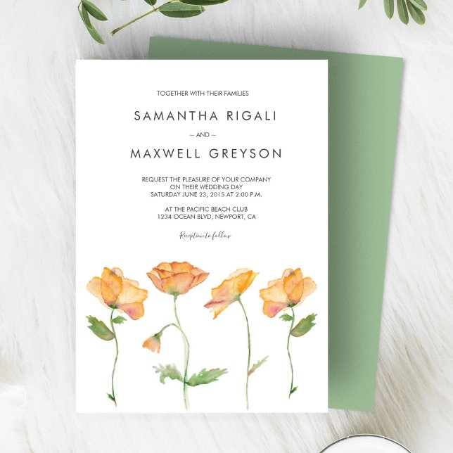 Invitación Amaranto Acuarela Floral Naranja Bodas (Orange floral watercolor wedding invitations )