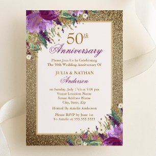Invitación Amaranto Floral Glitter Púrpura 50 Aniversario