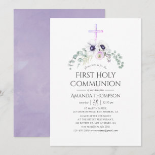 Invitación Amaranto Floral Violeta Polvoriento Primera Comuni
