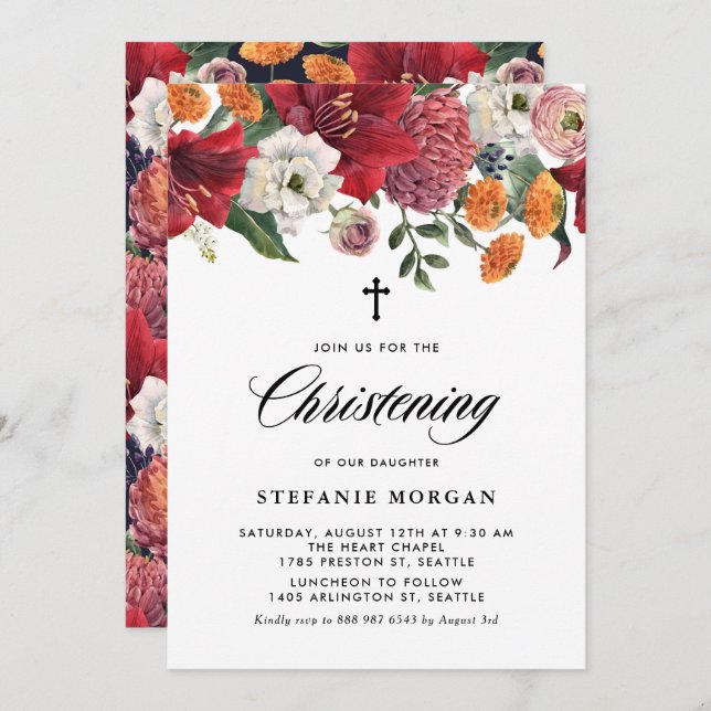 Invitación Amarilis y Mamáes Botánicas Christening Floral (Anverso / Reverso)