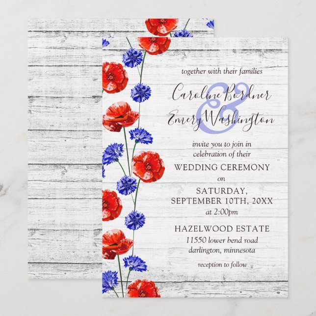 Invitación Amarilla Amapola y Centaurea Rustico Madera Floral (Anverso / Reverso)