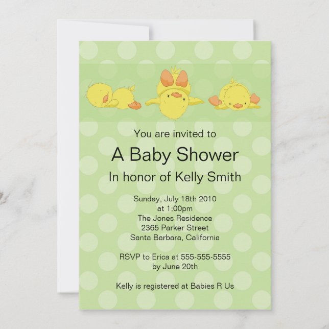 Invitación amarilla de Baby Shower del pato (Anverso)