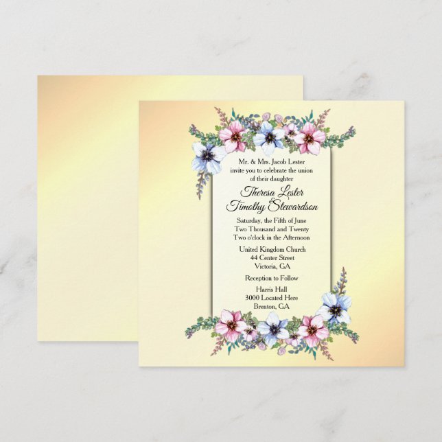 Invitación Amarilla de Boda Floral (Anverso / Reverso)