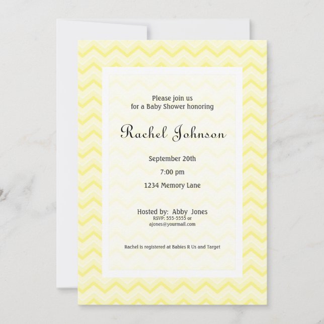 Invitación amarilla de Chevron Baby Shower (Anverso)