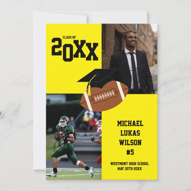 Invitación Amarilla Deportiva de Graduación de Fút (Anverso)