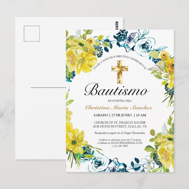 Invitación amarilla floral hermosa del bautismo (Anverso / Reverso)