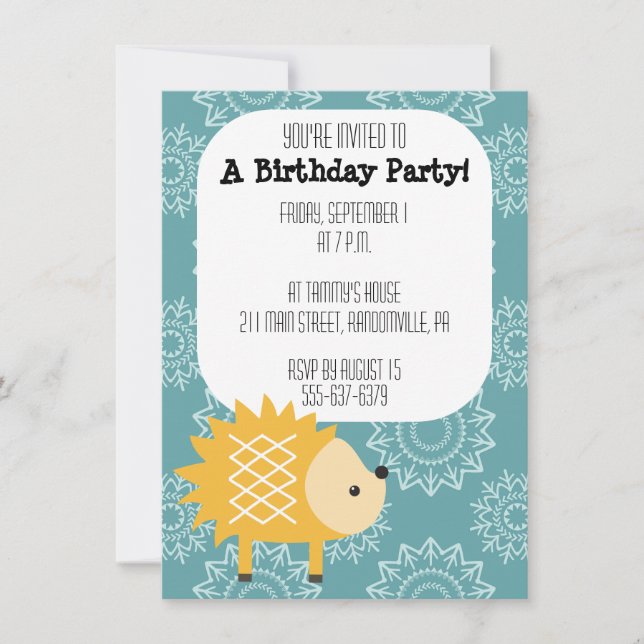 Invitación amarilla linda del fiesta del erizo (Anverso)