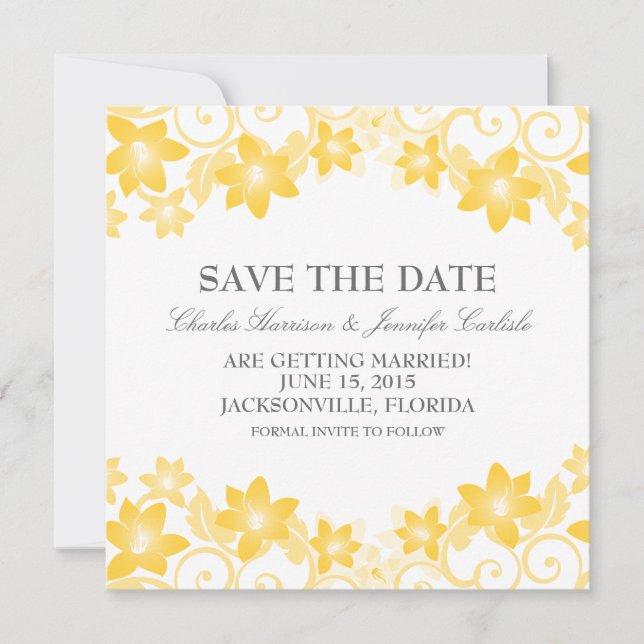 Invitación amarilla simple floral para guardar la  (Anverso)