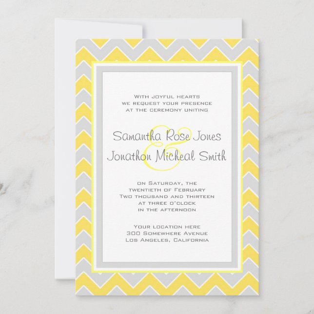 Invitación amarilla y gris de la boda del modelo (Anverso)
