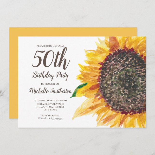 Invitación Amarillo acuarela girasol 50 cumpleaños mujeres (Anverso / Reverso)