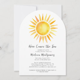 Invitación Amarillo alegre llega el Baby Shower del hijo