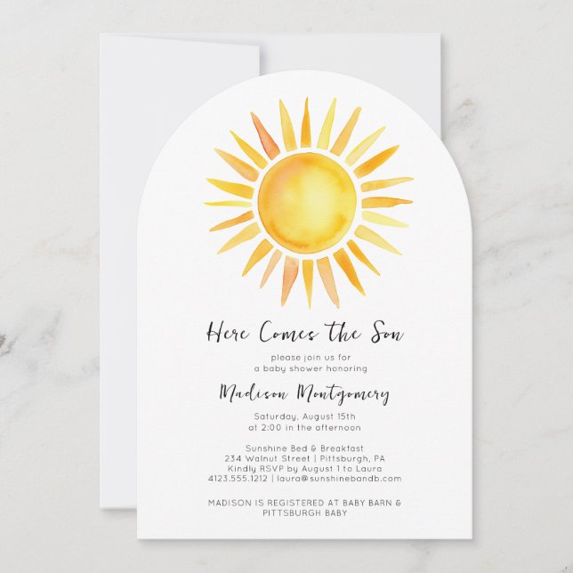 Invitación Amarillo alegre llega el Baby Shower del hijo (Anverso)