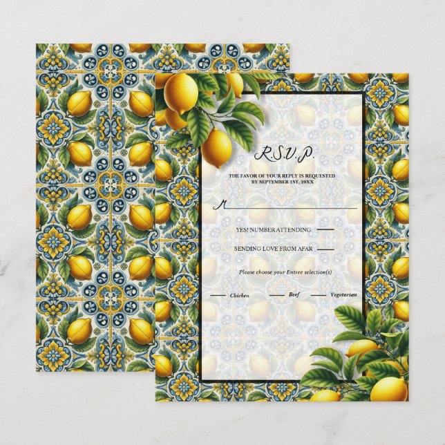 Invitación Amarillo Azul Capri Limón Mediterráneo Azulejo RSV (Anverso / Reverso)