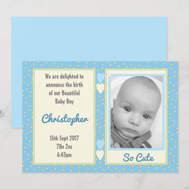 Invitación Amarillo azul con puntos detalles de nacimiento y  (Anverso / Reverso)
