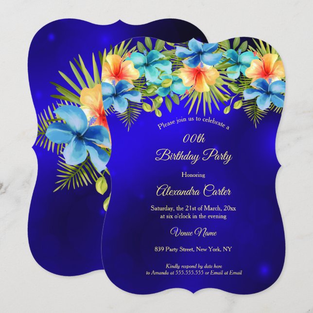 Invitación amarillo azul Hibiscus Fiesta floral tropical (Anverso / Reverso)